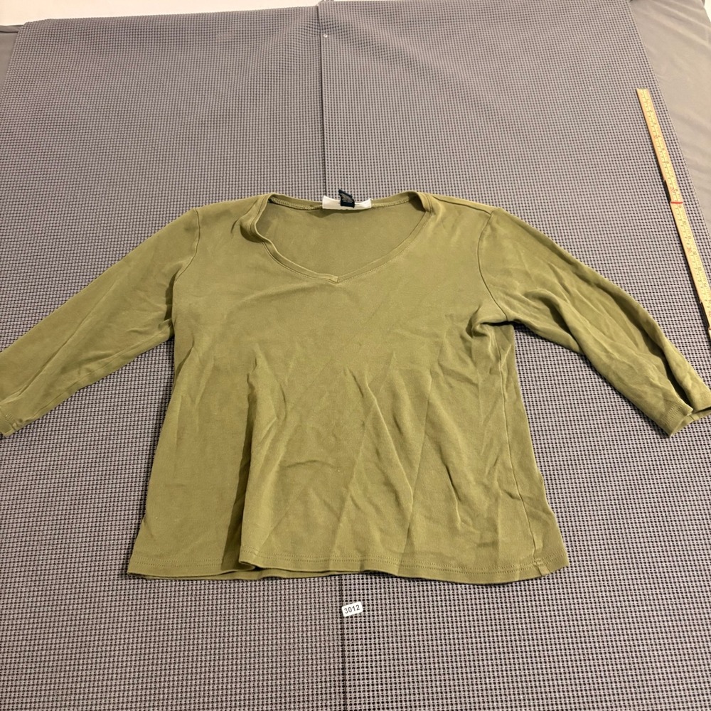 Karen Scott Petites Women Green V-Neck 3/4 Sleeve Cotton Top Size PM
